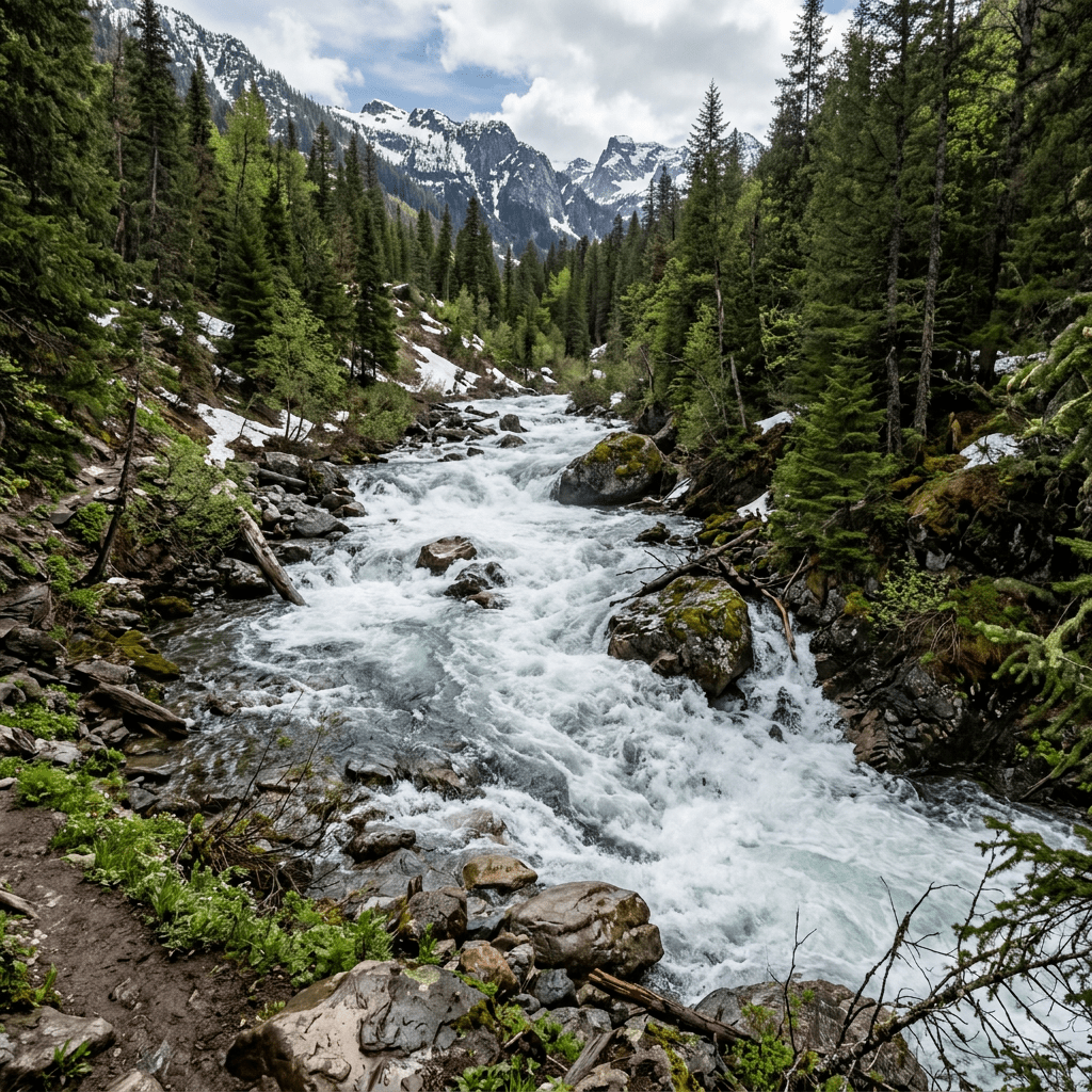Rapid mountain river flowing through rocky forest valley under cloudy sky